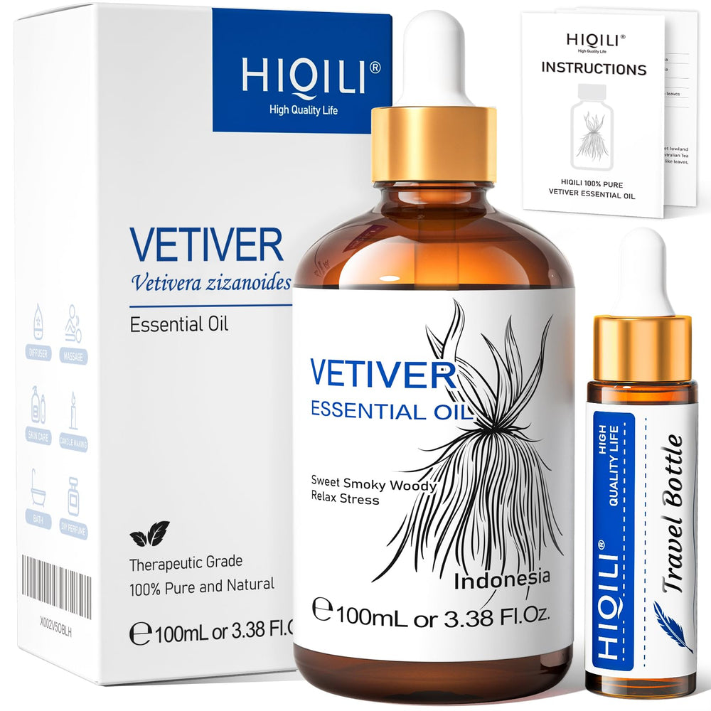Amber glass bottle of HIQILI Vetiver essential oil, 100ml
