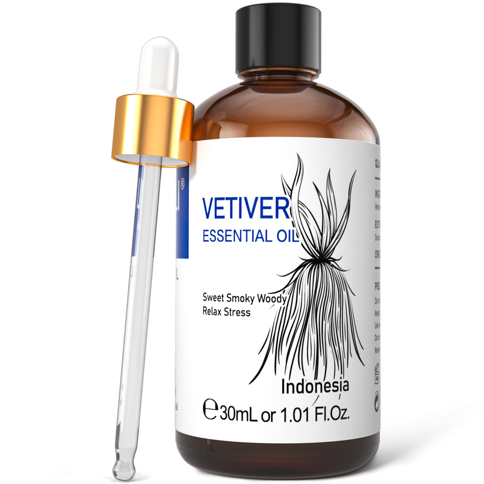 HIQILI Vetiver essential oil in an amber 1oz bottle