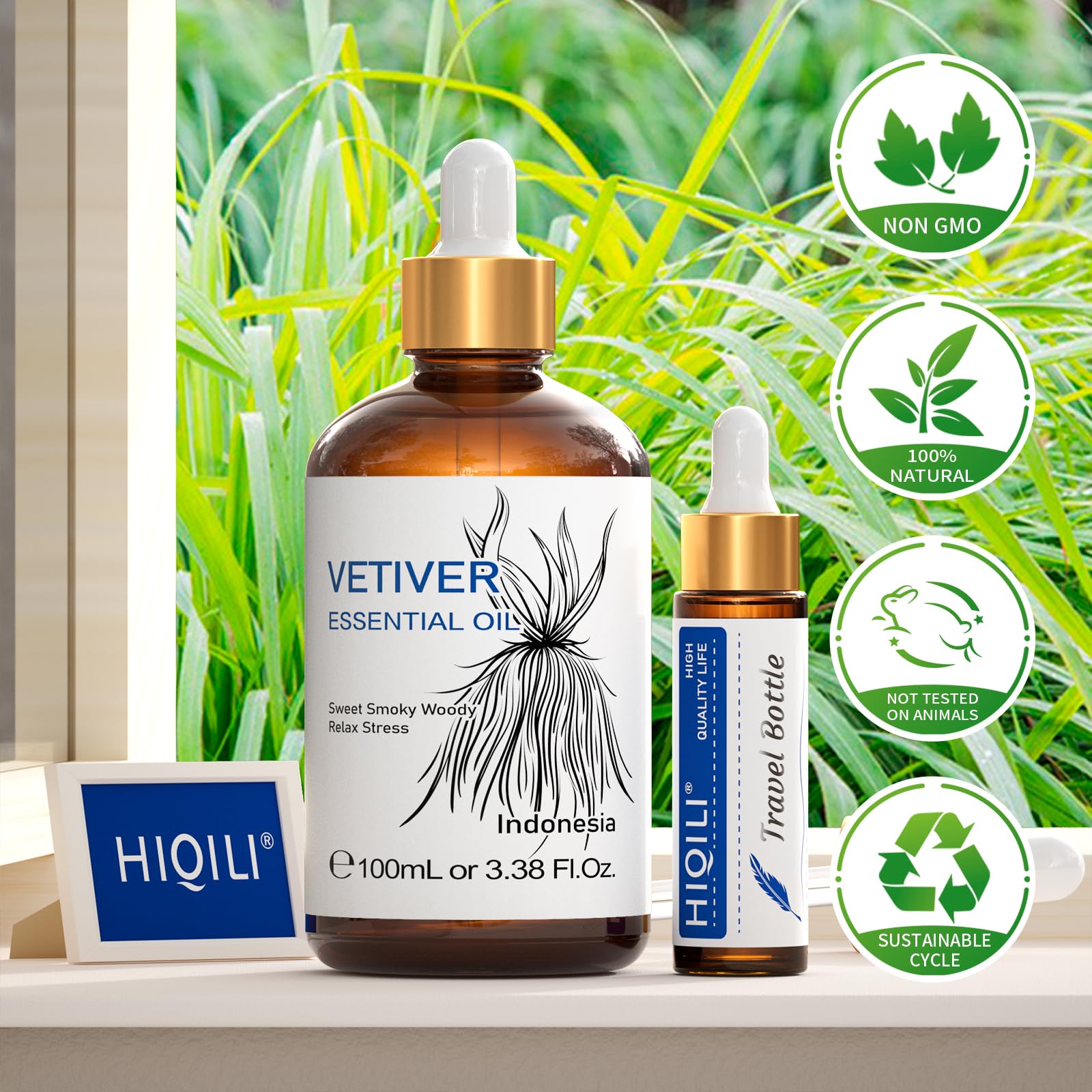 HIQILI Vetiver essential oil packaging and bottle