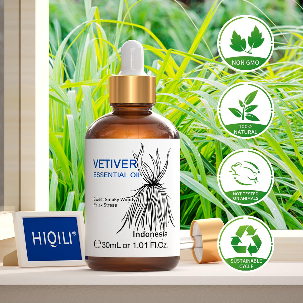 Product details for HIQILI Vetiver essential oil with amber bottle