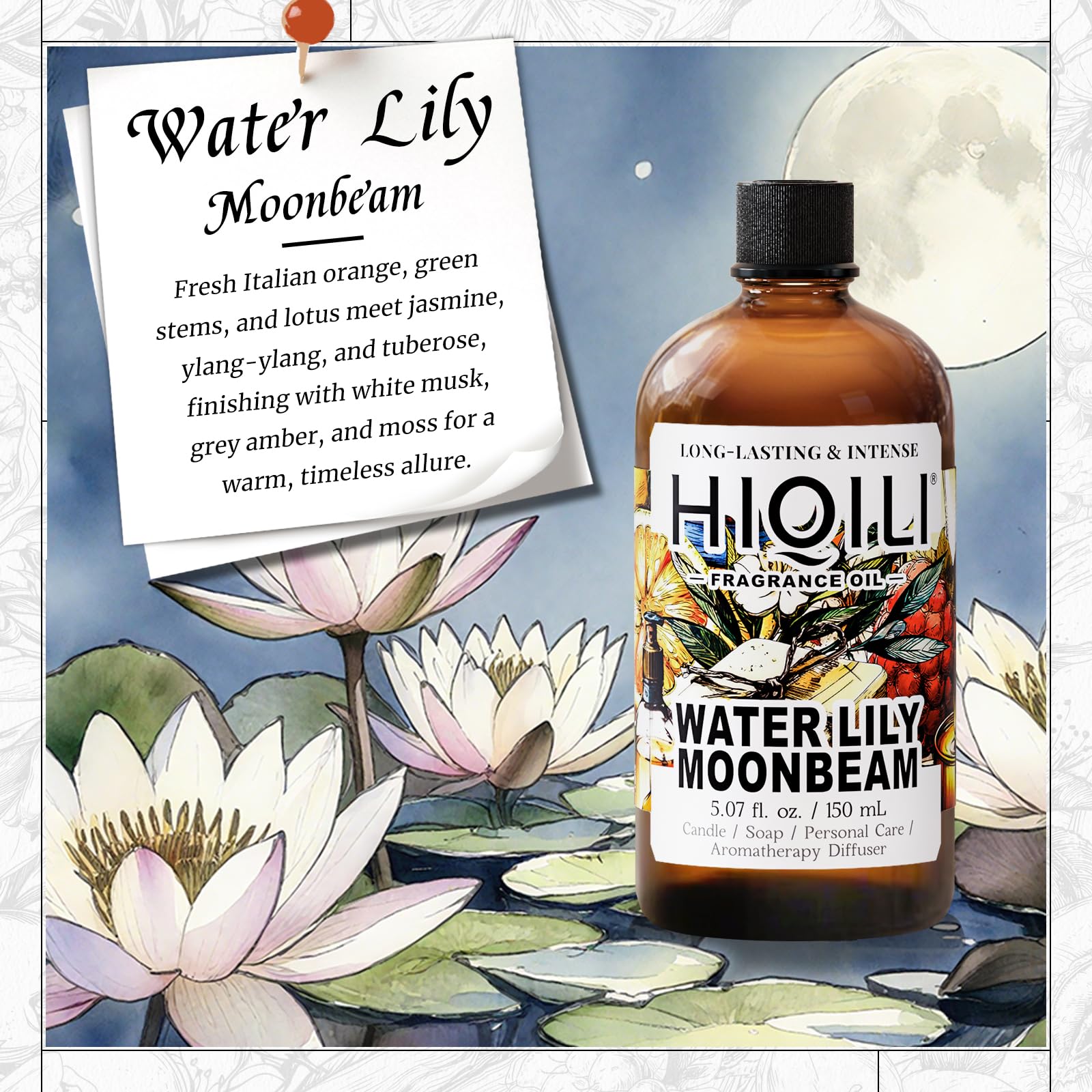 Close-up of Water Lily Moonbeam fragrance oil bottle label