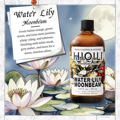 Close-up of Water Lily Moonbeam fragrance oil bottle label