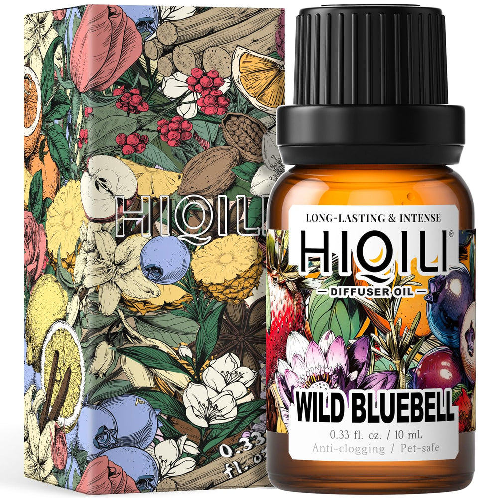 HIQILI Wild Bluebell Diffuser Oil bottle showing Jo Malone-inspired scent notes