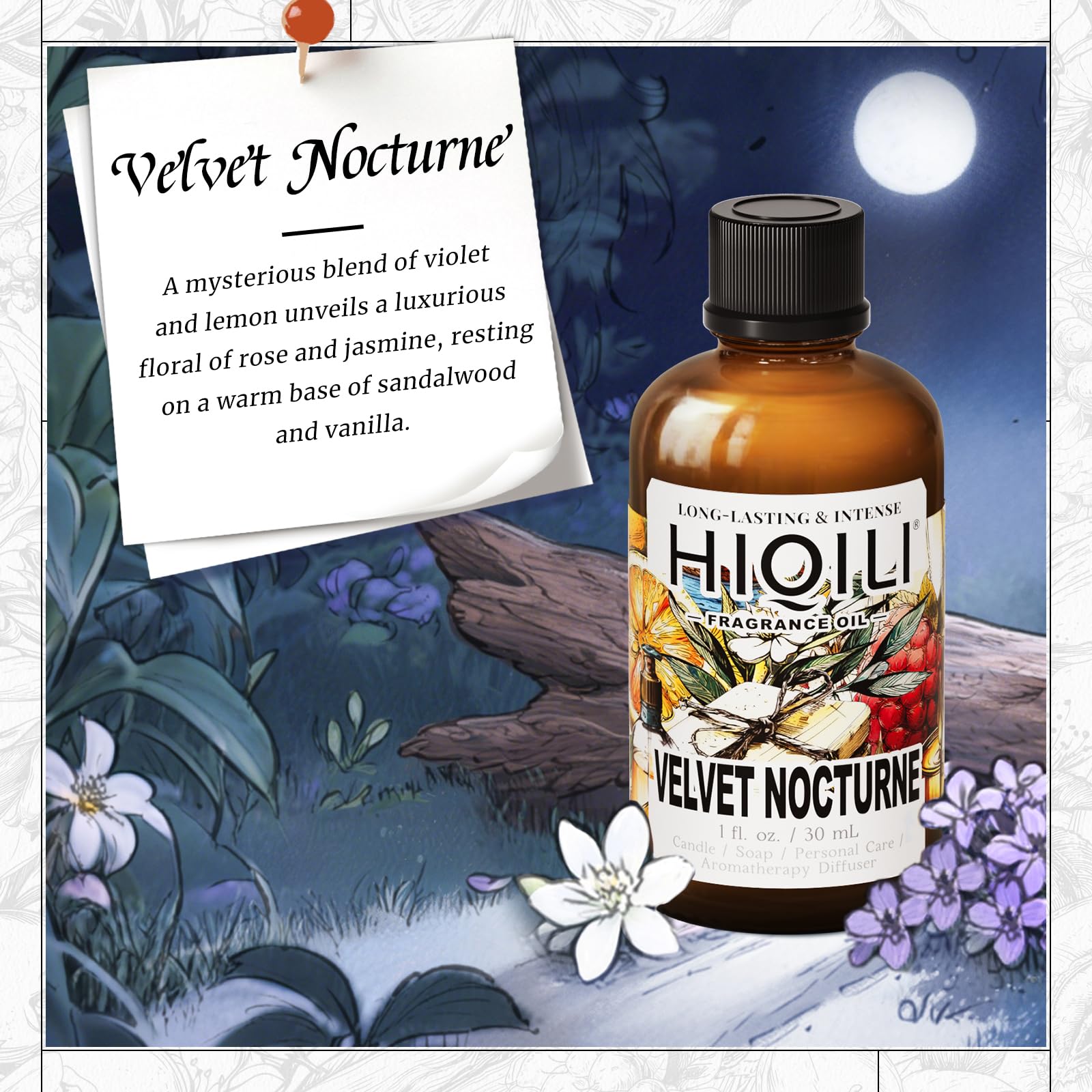 Front label of HIQILI Velvet Nocturne 1 oz bottle