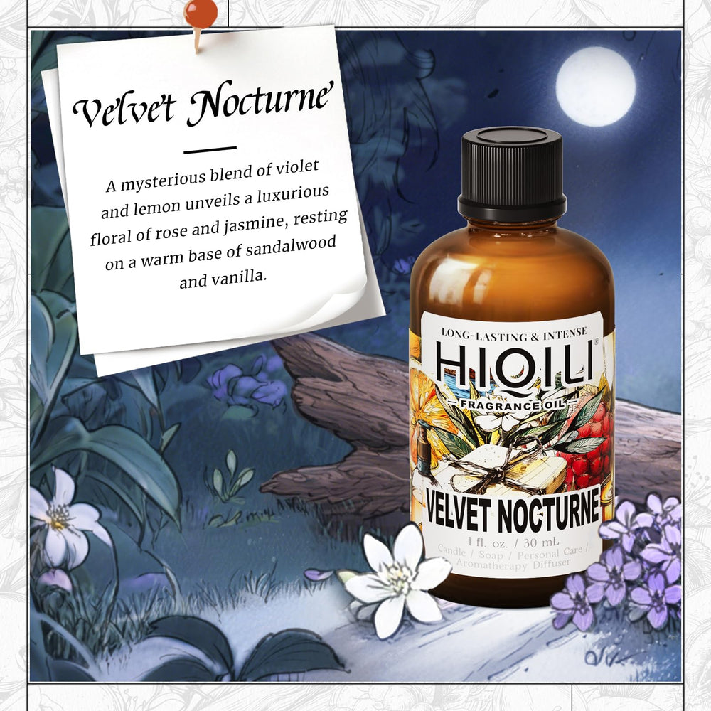 Front label of HIQILI Velvet Nocturne 1 oz bottle