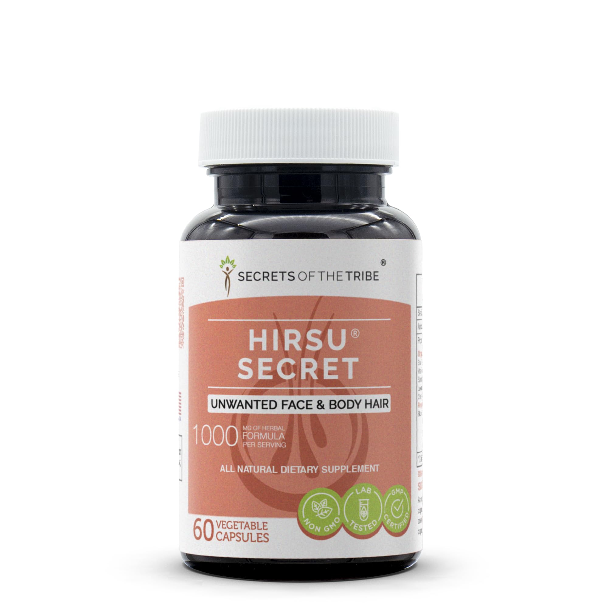 Front view of Hirsu Secret 60 Capsules bottle and label