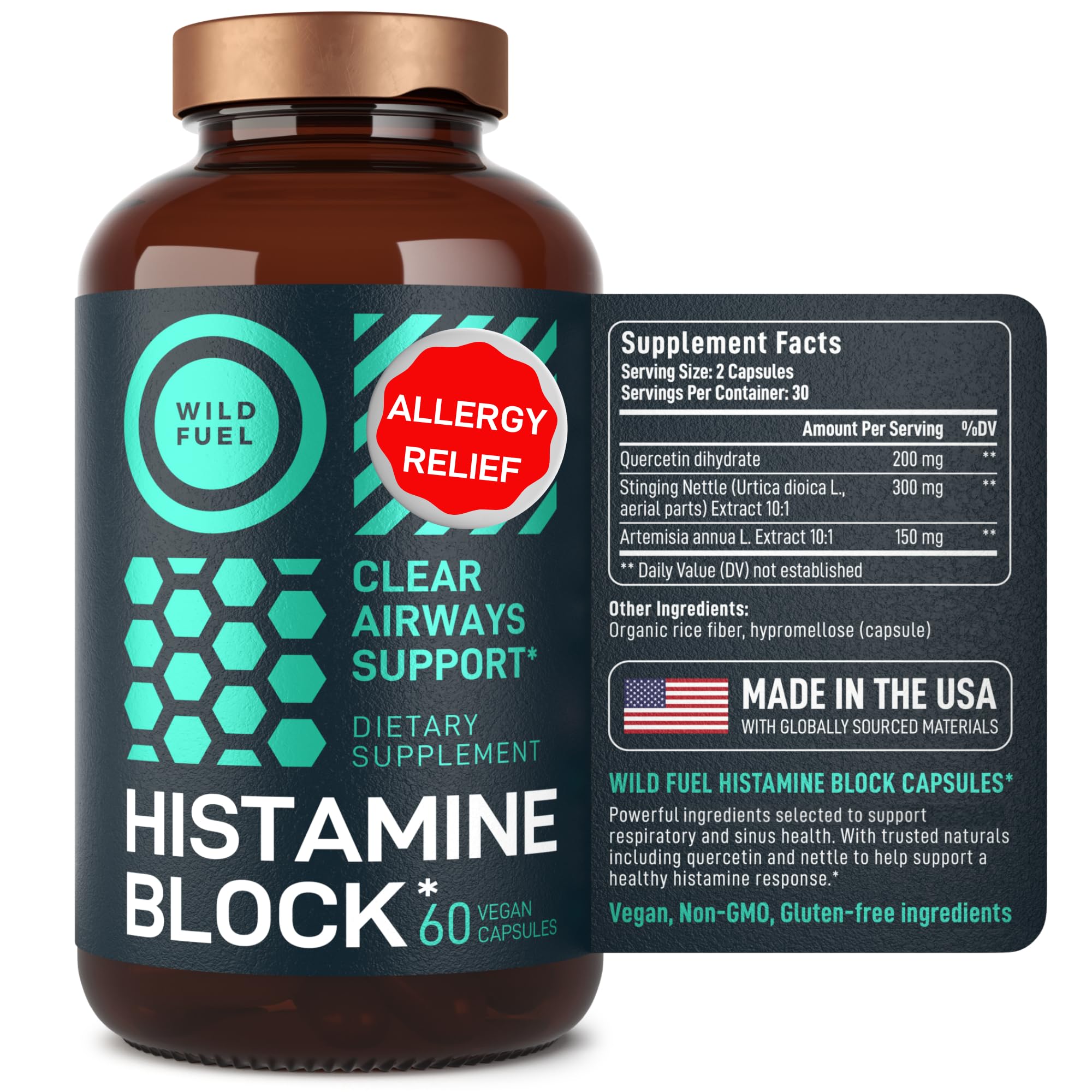 USA-made vegan, non-GMO gluten-free supplement packaging