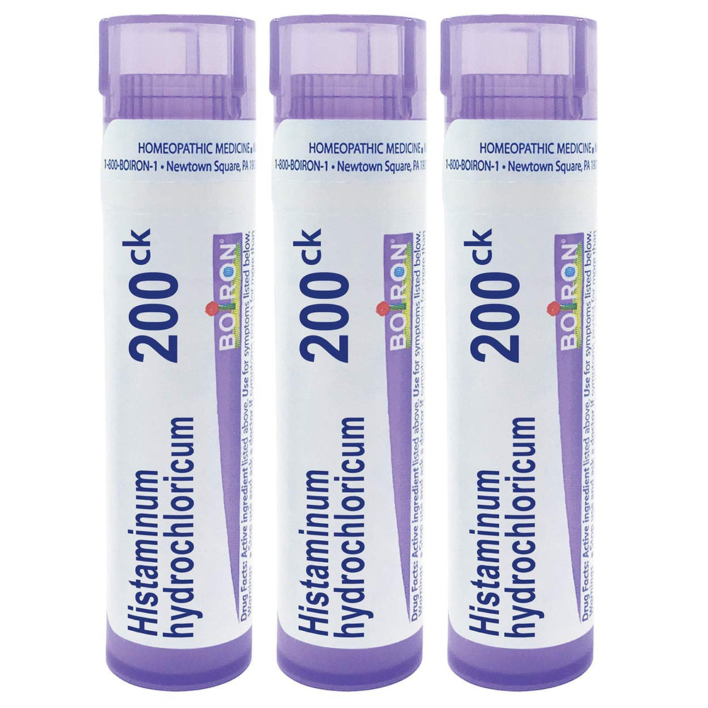 Front view of Boiron Histaminum Hydrochloricum 200Ck 3-pack packaging with pellets