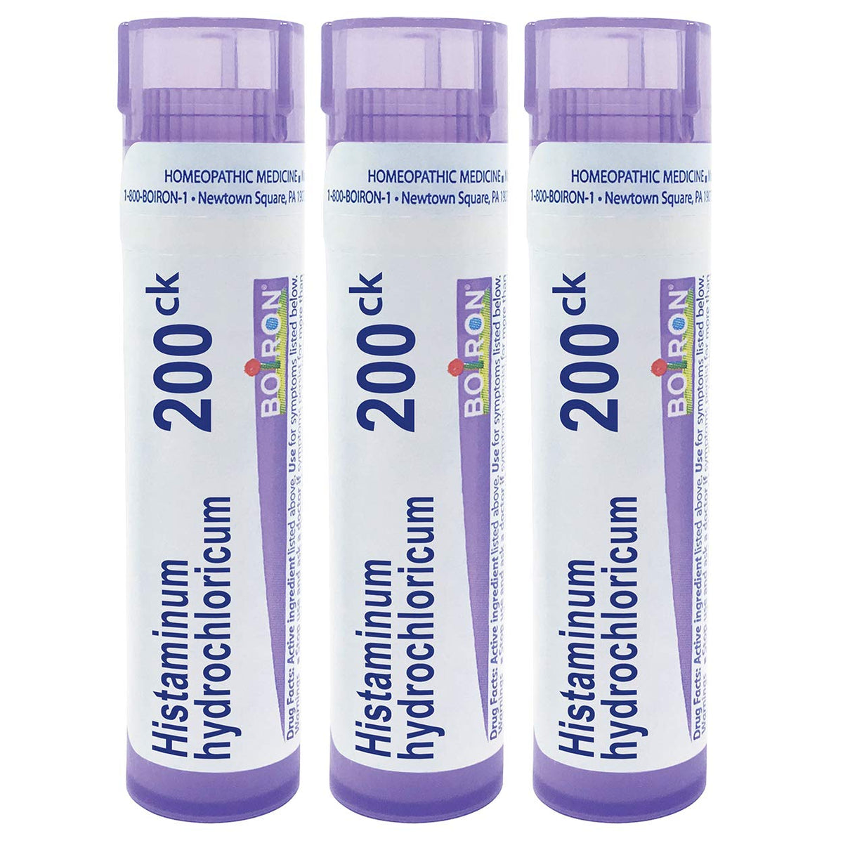 Front view of Boiron Histaminum Hydrochloricum 200Ck 3-pack packaging with pellets