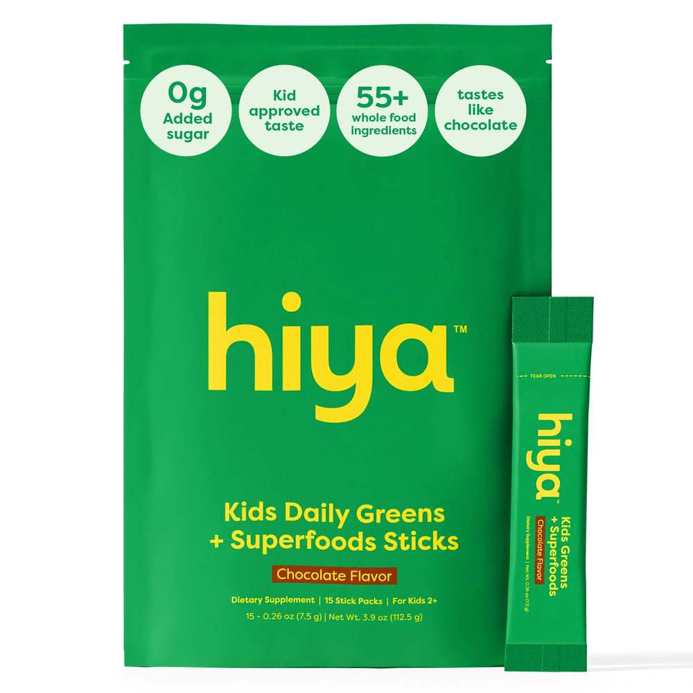 Package and sticks of HIYA Kids Greens Powder Sticks in chocolate flavor