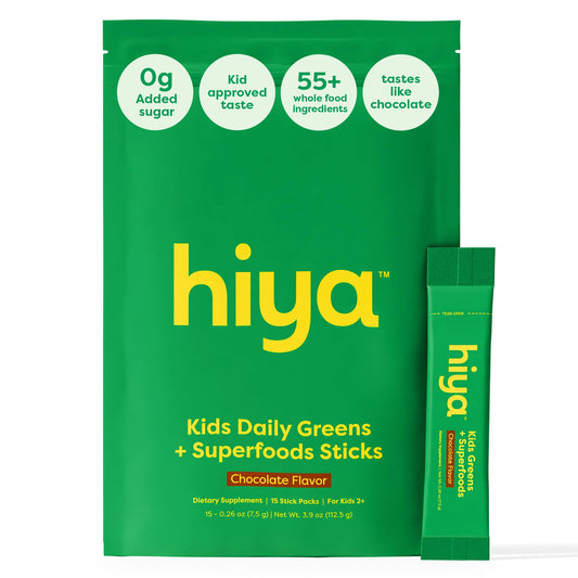 Package and sticks of HIYA Kids Greens Powder Sticks in chocolate flavor