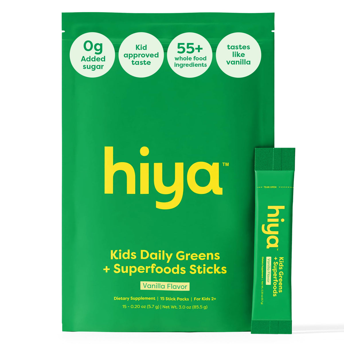 Hiya Kids Greens Powder Sticks vanilla flavor packaging close-up