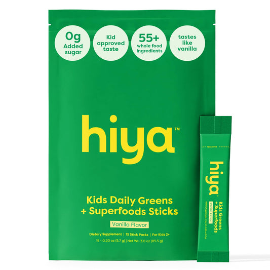Hiya Kids Greens Powder Sticks vanilla flavor packaging close-up