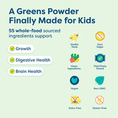 Front of Hiya Kids Greens Powder Sticks vanilla label