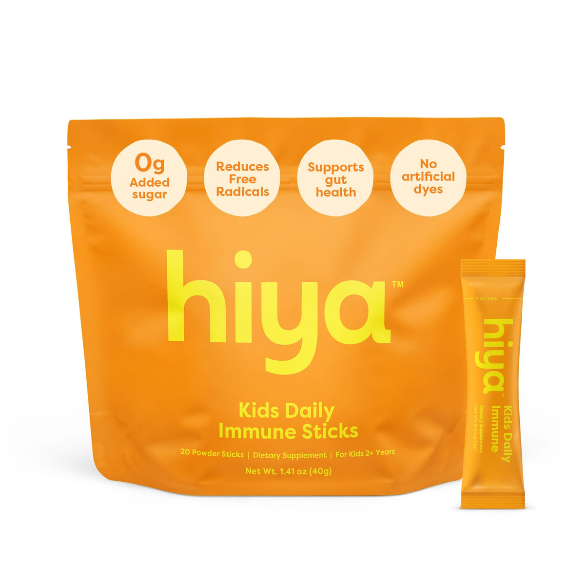 Hiya Kids Immune Support orange-flavored stick pack – front view