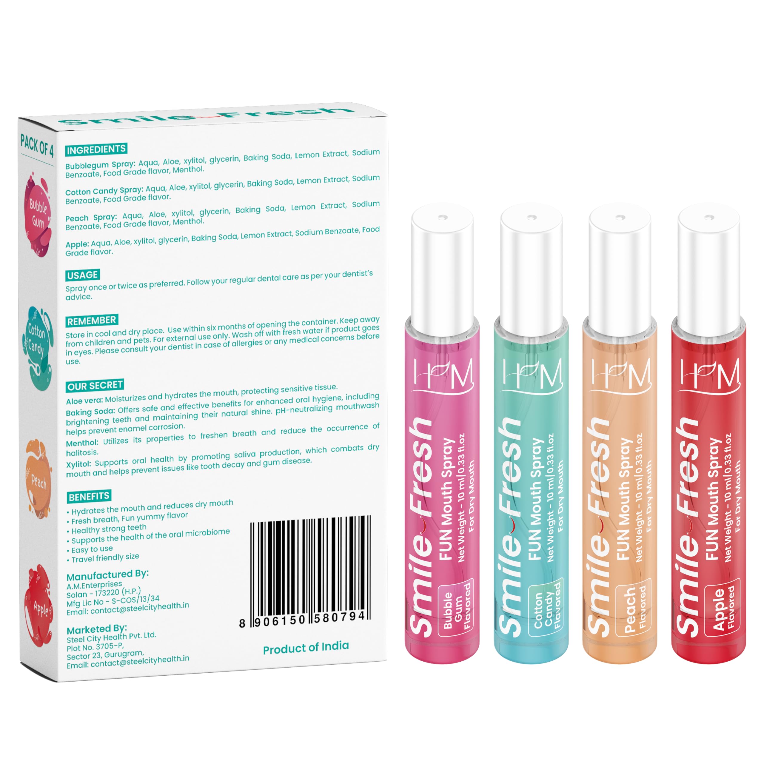 Pack image for HM Dry Mouth Fun 4 Flavoured Spray, 4 x 0.33 oz