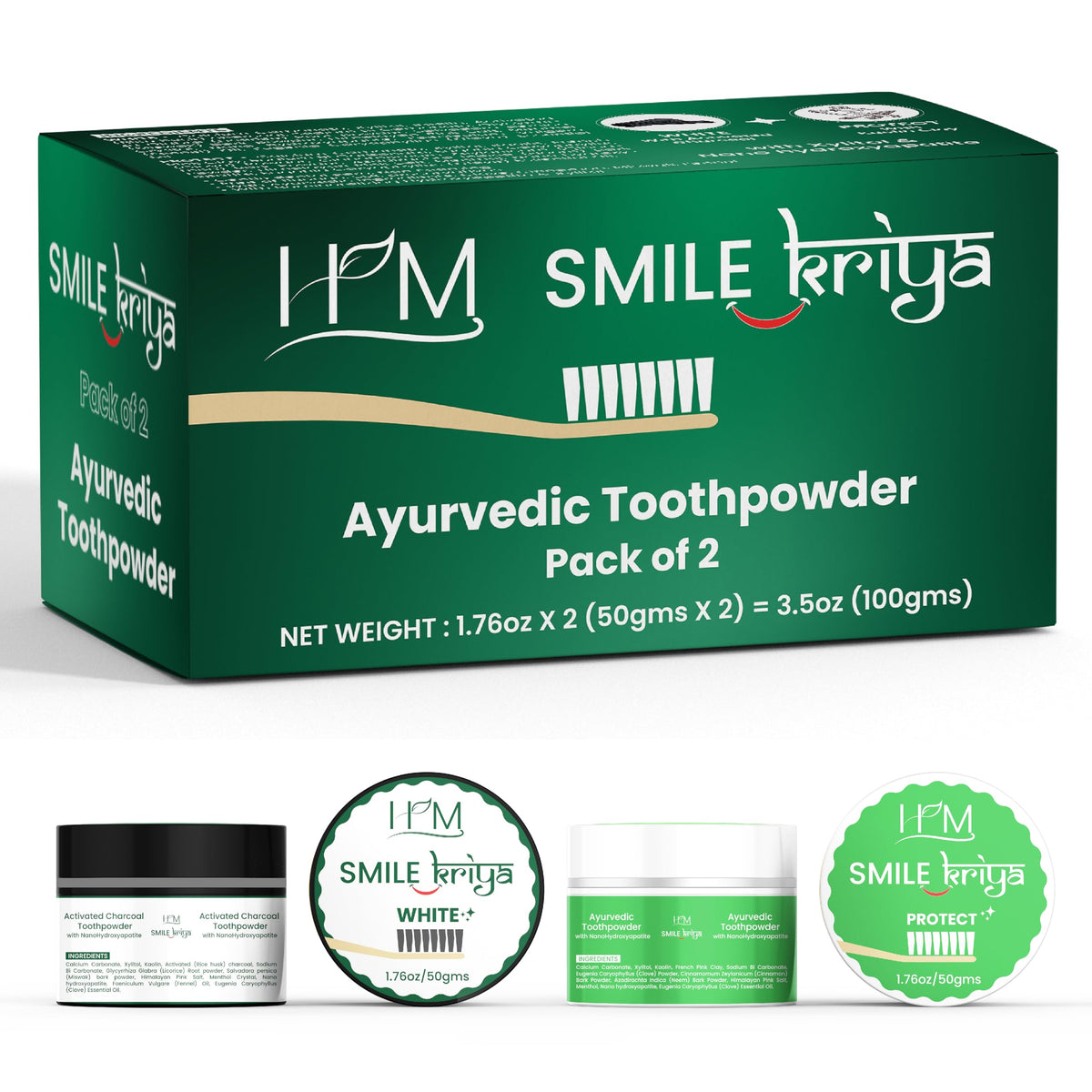 HM Smile Kriya Ayurvedic Toothpowder Duo Pack of 2 box front