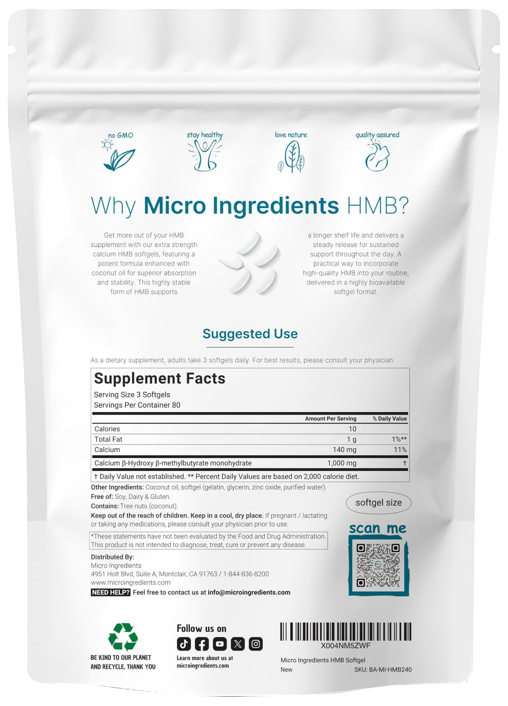 Back view showing supplement facts for HMB 1,000mg softgels
