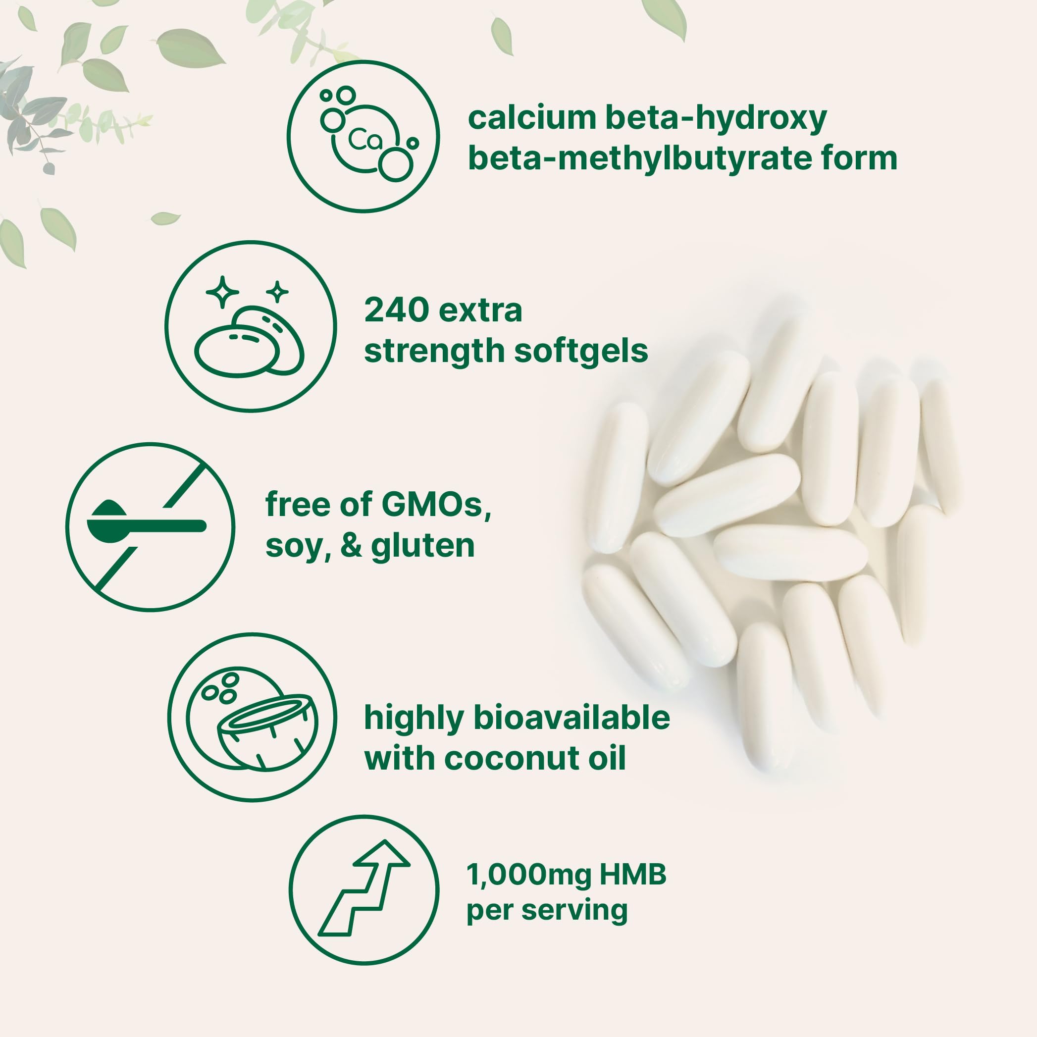Close-up of HMB 1,000mg softgels capsules with coconut oil infusion
