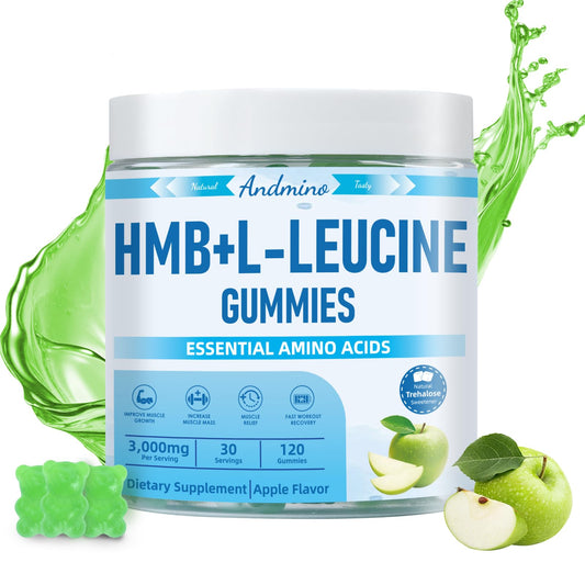 Hero image of Andmino HMB and L-Leucine gummies in apple flavor, 120-count
