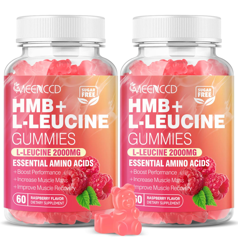 Front view of two-pack HMB + L-Leucine Raspberry gummies bottle