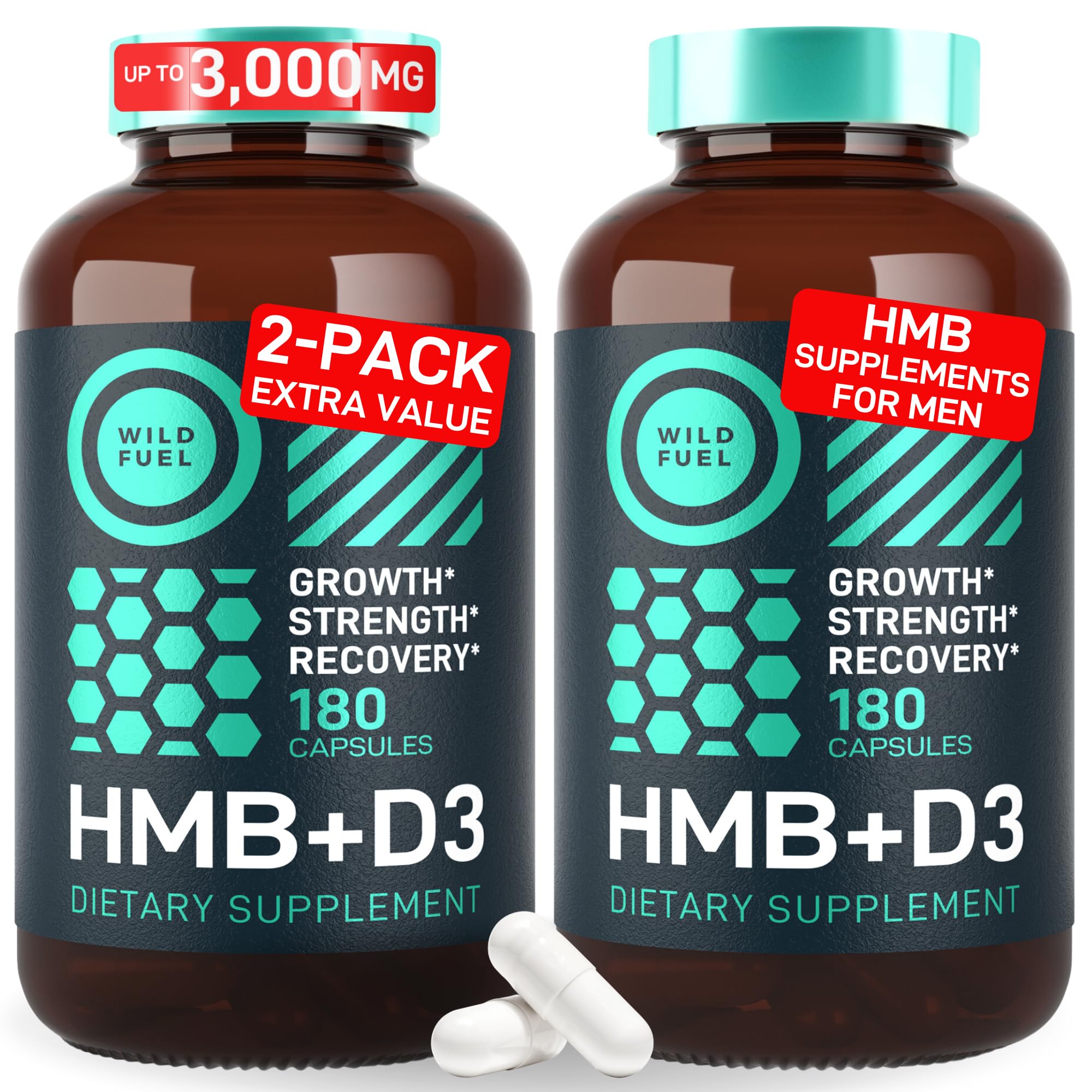 Front view of HMB and Vitamin D3 capsules bottle