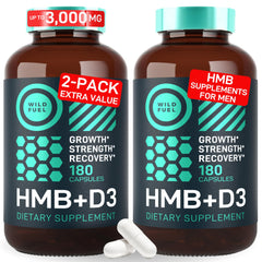 Front view of HMB and Vitamin D3 capsules bottle