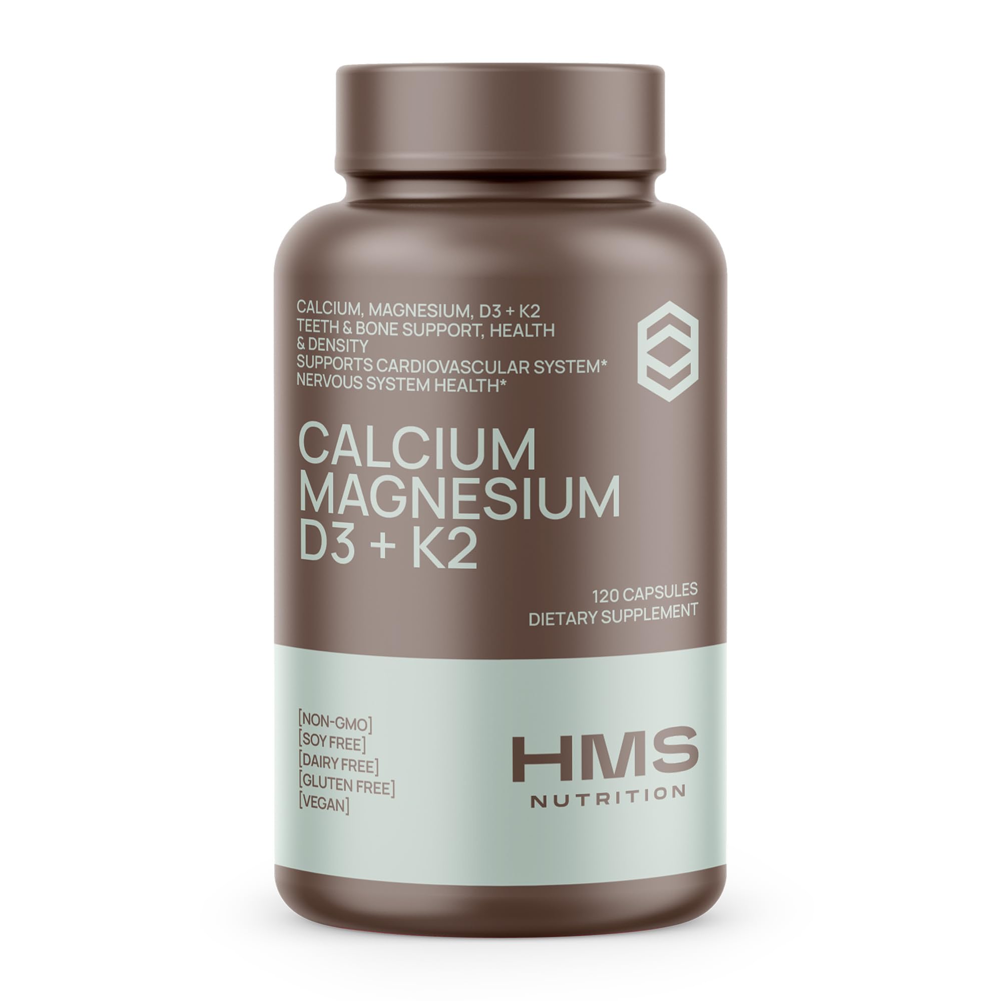 Front view of HMS Nutrition Calcium Magnesium D3 K2 bottle