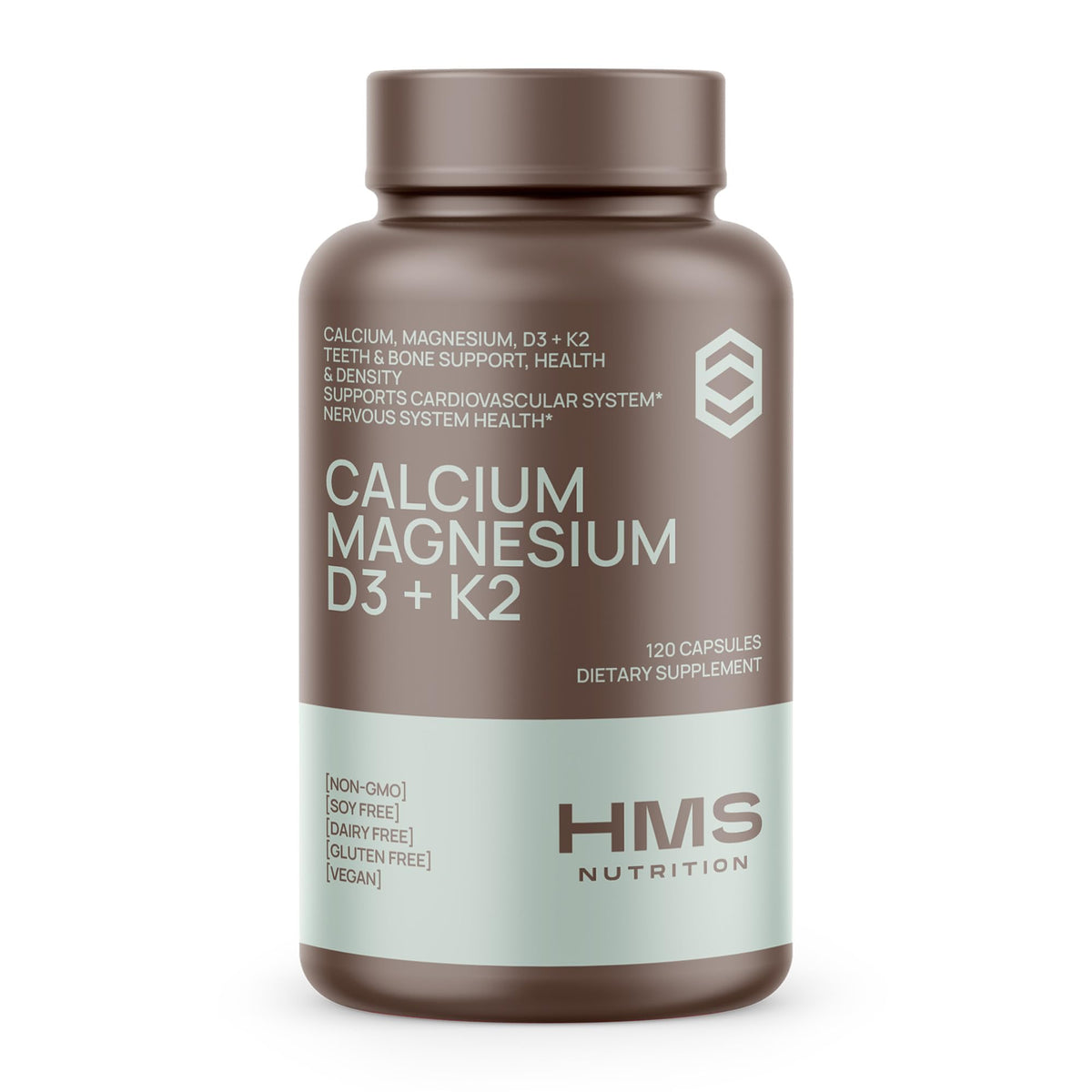 Front view of HMS Nutrition Calcium Magnesium D3 K2 bottle