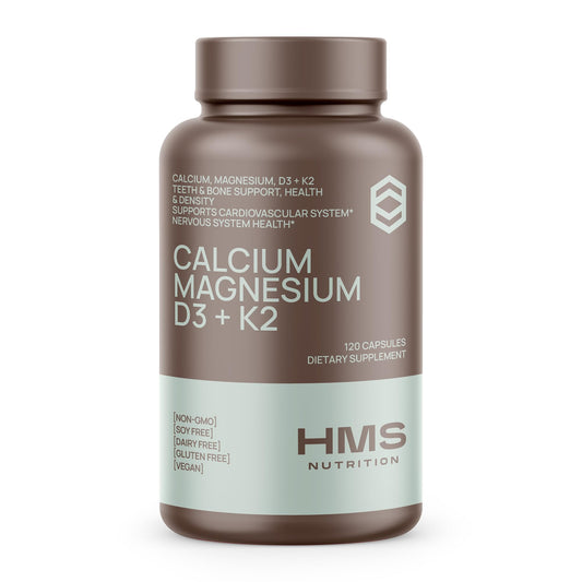 Front view of HMS Nutrition Calcium Magnesium D3 K2 bottle