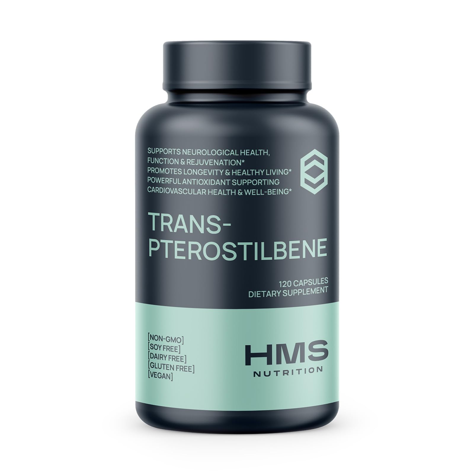 HMS Nutrition Potent Trans-Pterostilbene 200mg bottle with 120 vegan capsules