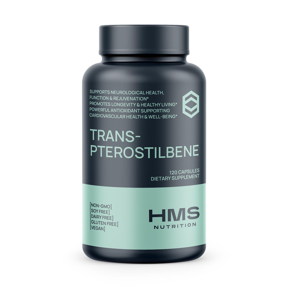 HMS Nutrition Potent Trans-Pterostilbene 200mg bottle with 120 vegan capsules