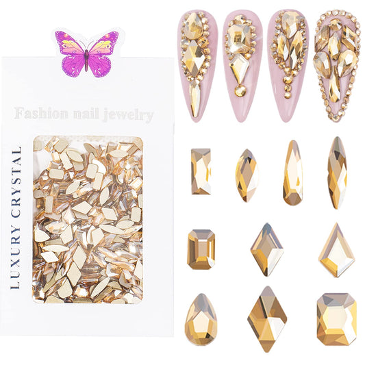 HNUIX champagne multi-shape rhinestones for nails, versatile nail art designs.