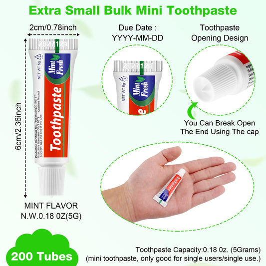 Close-up of mini travel toothpaste tubes, 0.18 oz each