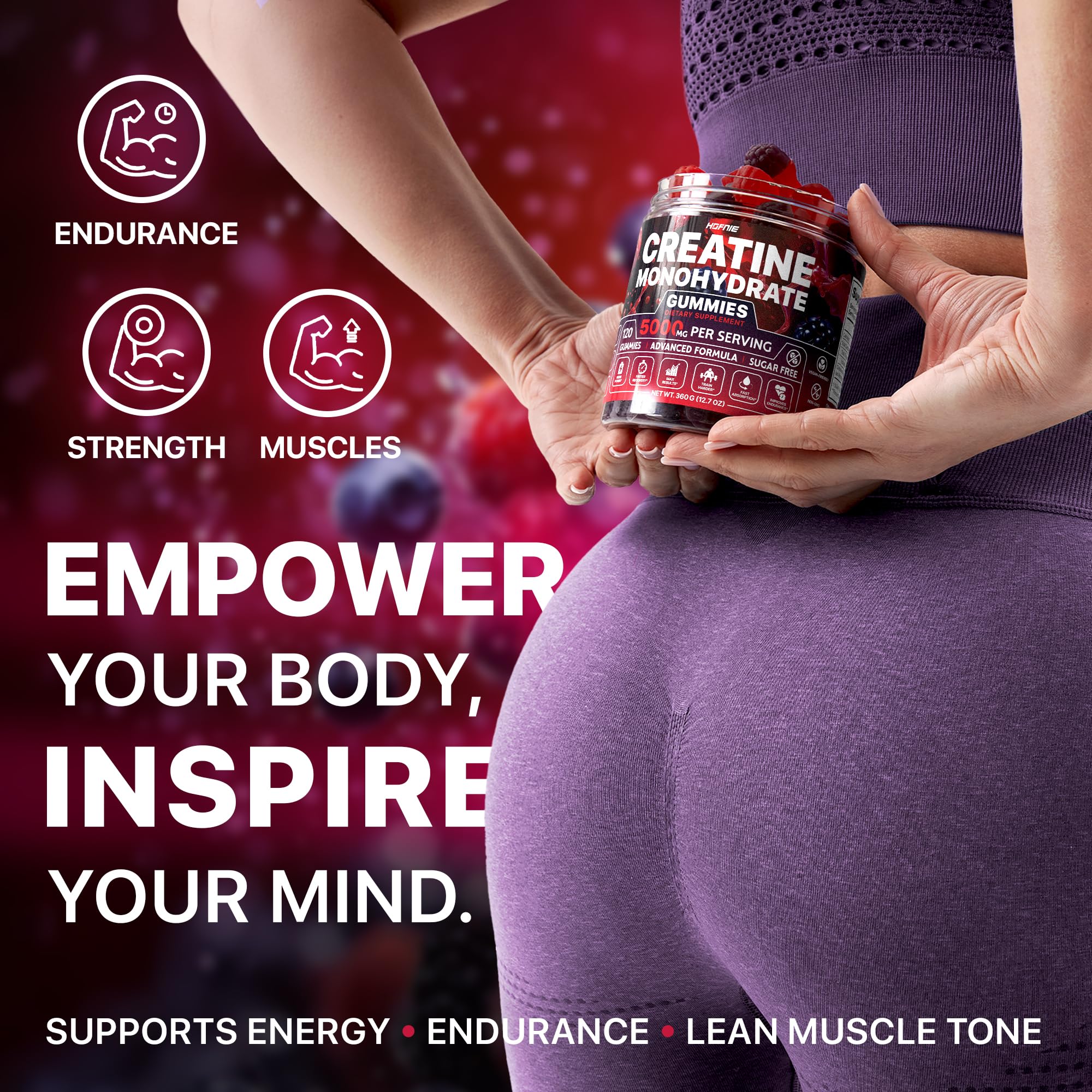 Close-up of blackberry flavored Hofnie Creatine Gummies