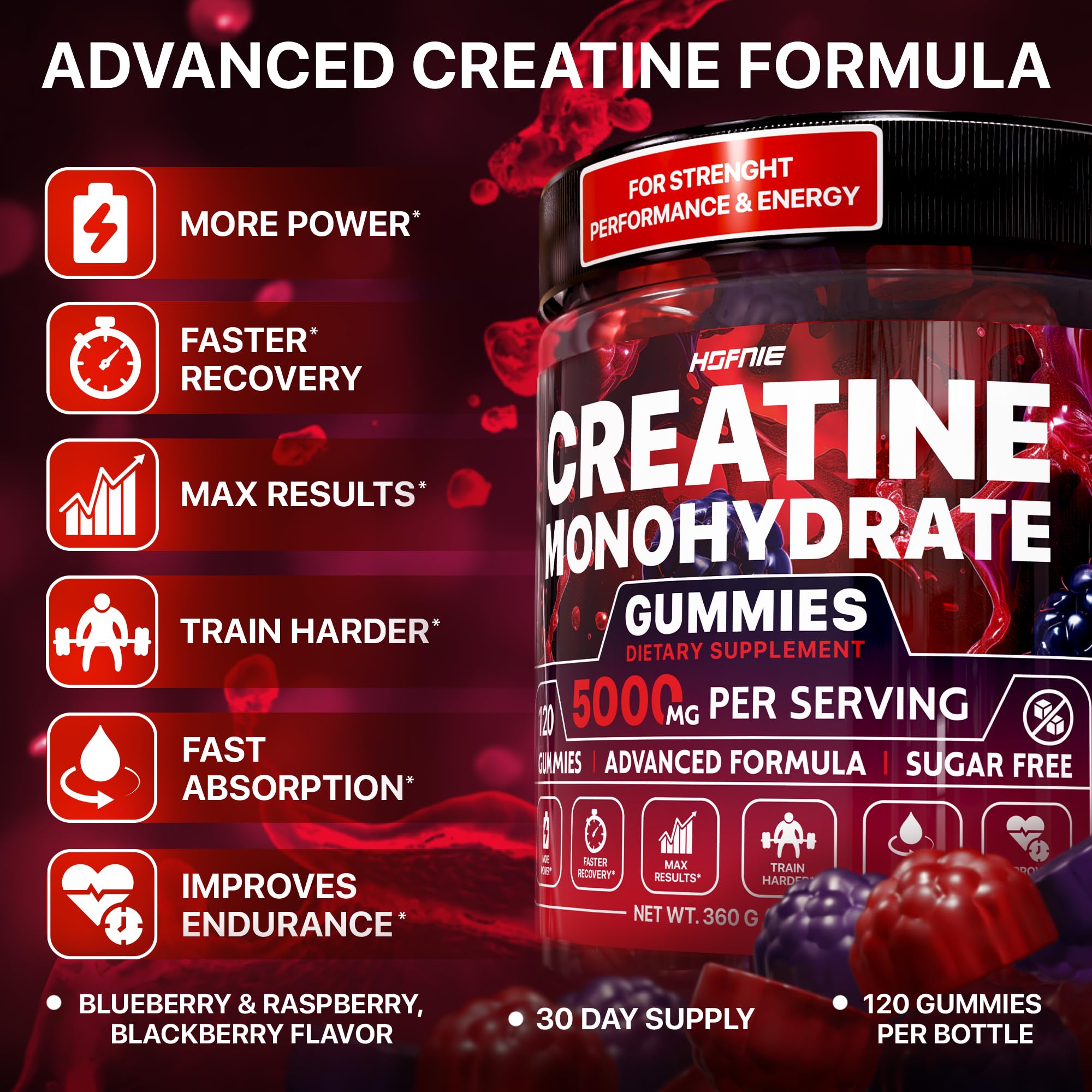 Close-up of raspberry flavored Hofnie Creatine Gummies