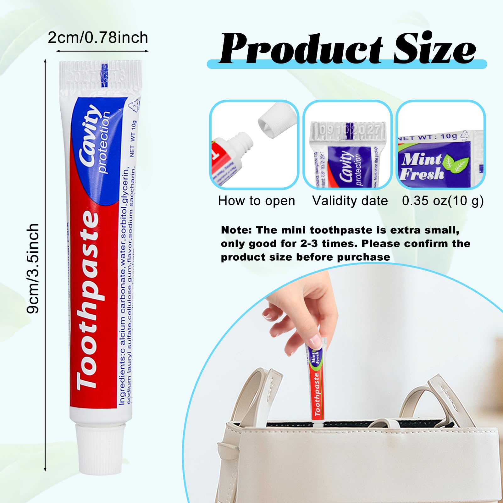 Compact travel toothpaste size 0.8 x 3.5 inches