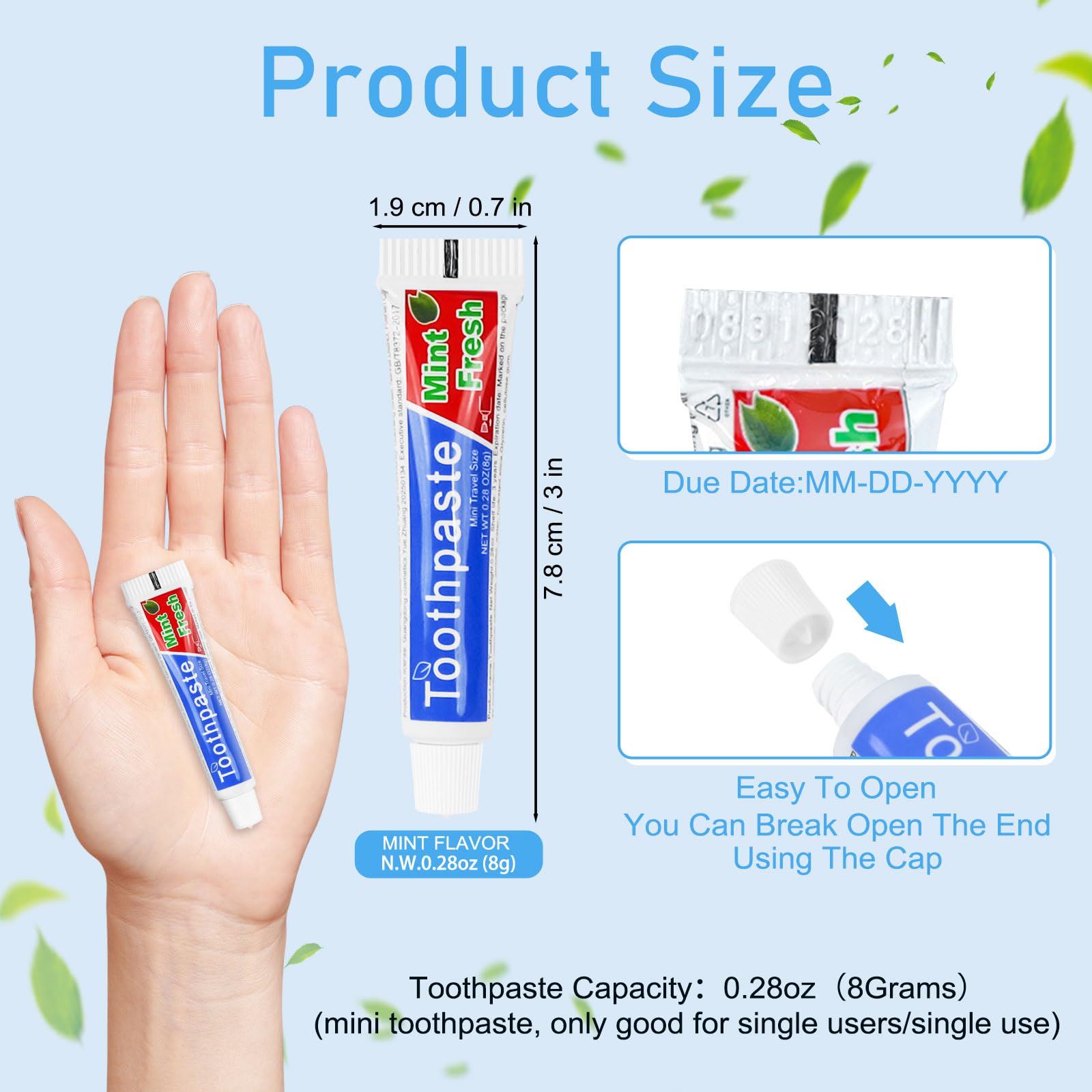 Travel size toothpaste 0.8 x 3.14 inches