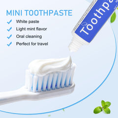 Close-up of individual mini toothpaste tube