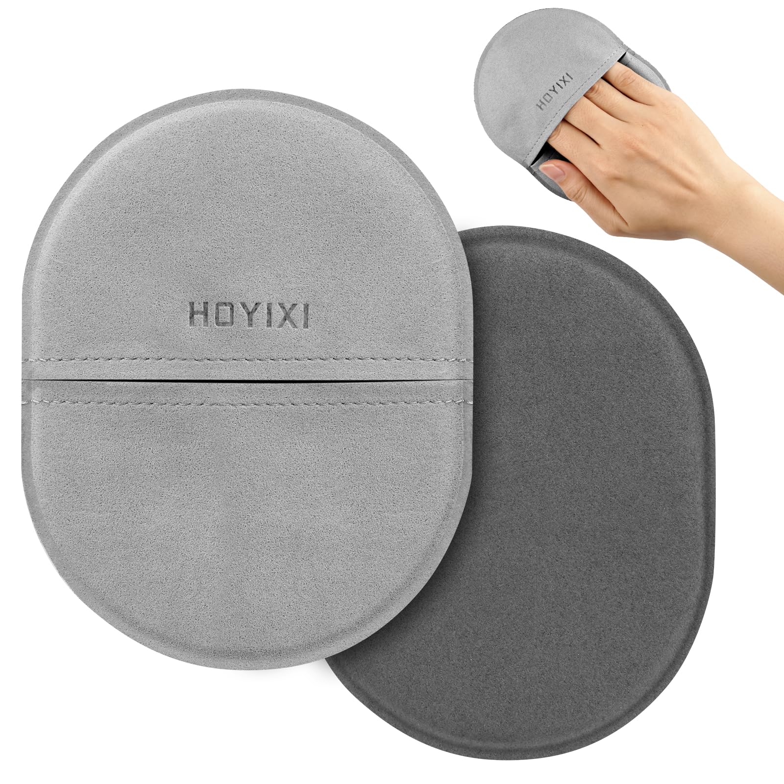 HoYiXi premium microfiber screen cleaning cloth in grey, sized 4.25 x 5.23 inches.