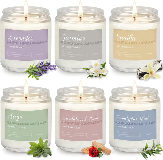 Six-pack natural soy candle gift set in festive packaging