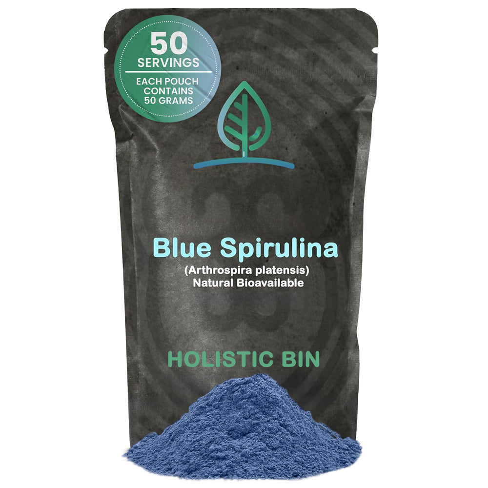 Front label of HOLISTIC BIN Blue Spirulina Powder 50g