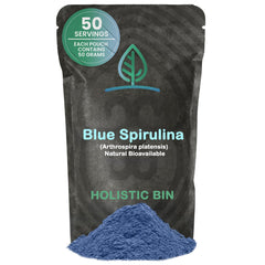 Front label of HOLISTIC BIN Blue Spirulina Powder 50g