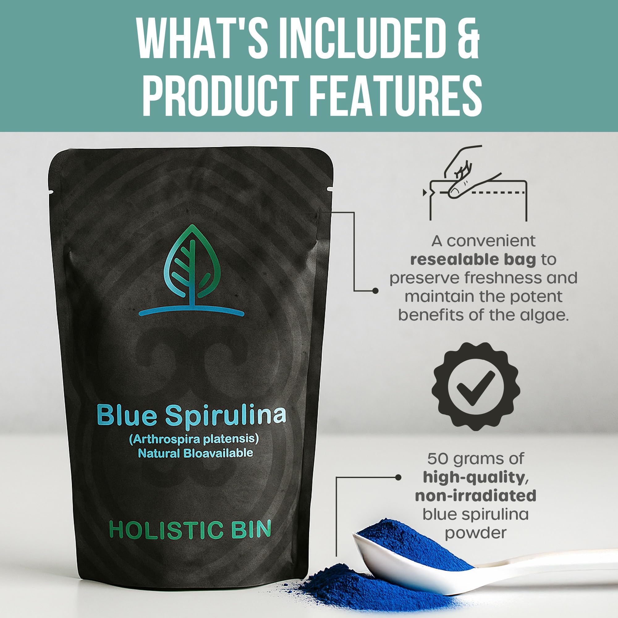 Close-up of HOLISTIC BIN Blue Spirulina Powder bag
