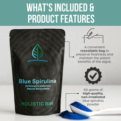 Close-up of HOLISTIC BIN Blue Spirulina Powder bag