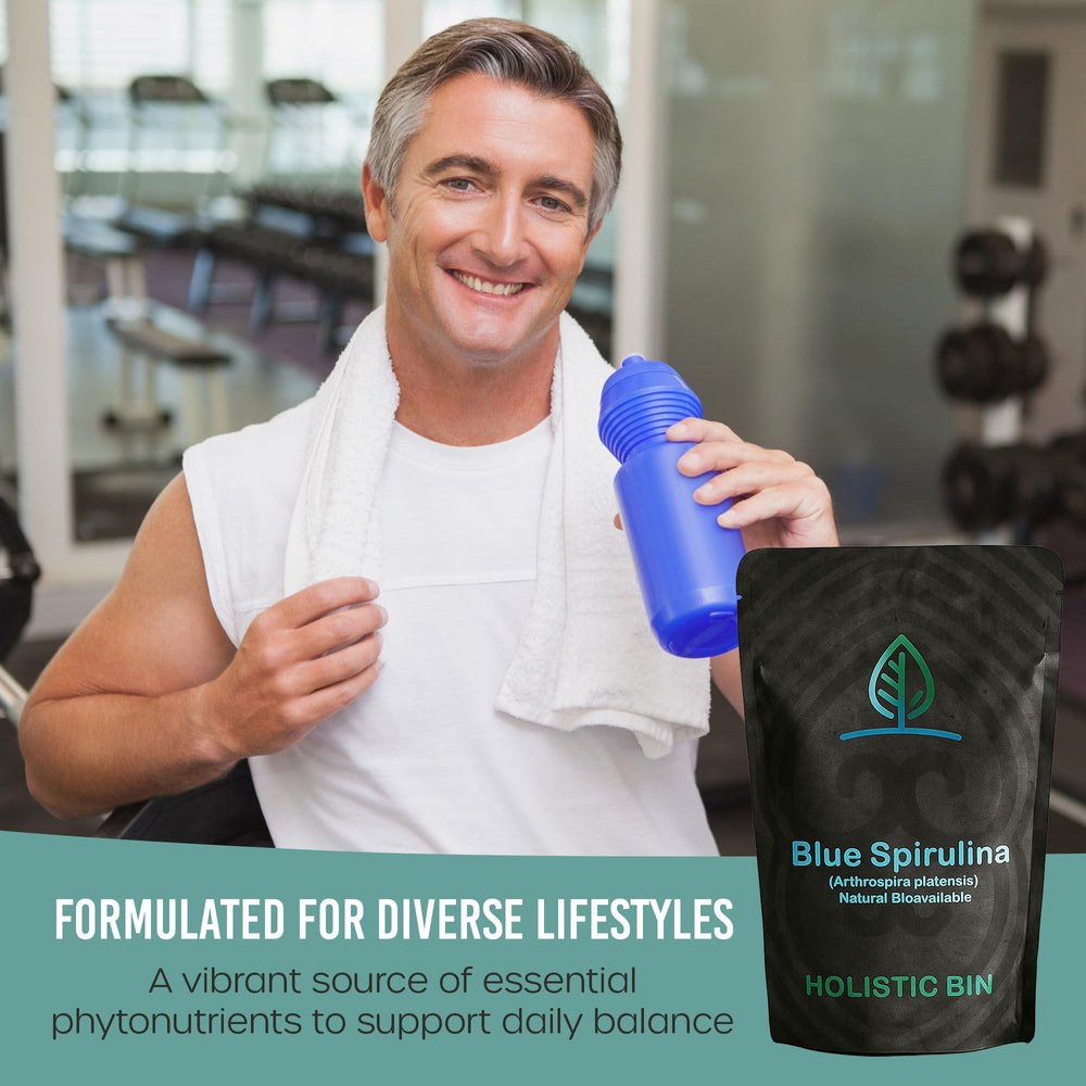  HOLISTIC BIN Blue Spirulina Powder being added to a smoothie