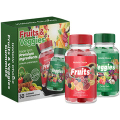Dual-pack Holistic Choice Gummies: fruit bottle (red) and veggie bottle (green) front view