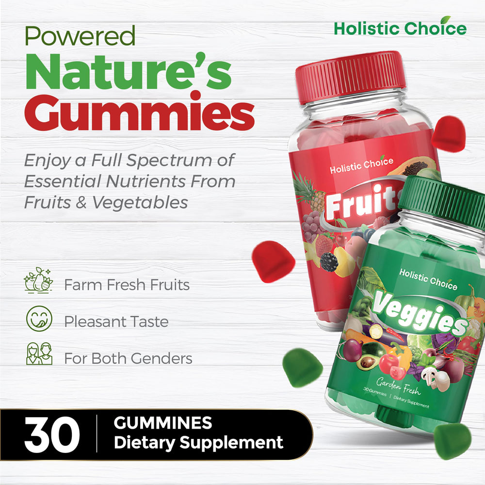 Illustration of real ingredients used in Holistic Choice Gummies (strawberry, apple, carrot, broccoli)