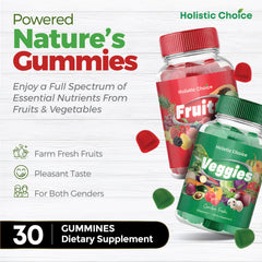 Illustration of real ingredients used in Holistic Choice Gummies (strawberry, apple, carrot, broccoli)