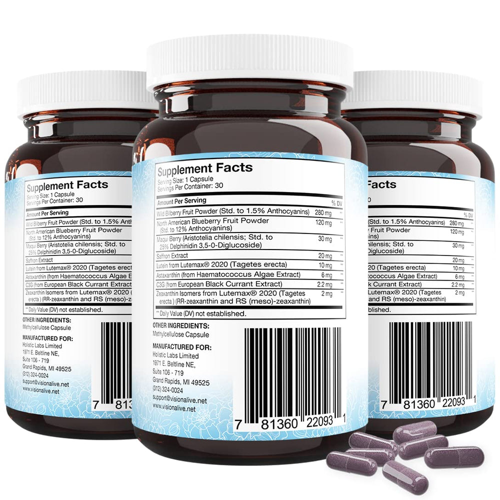 Vision Alive Max eye nutrition pack illustrating natural ingredients for daily use.